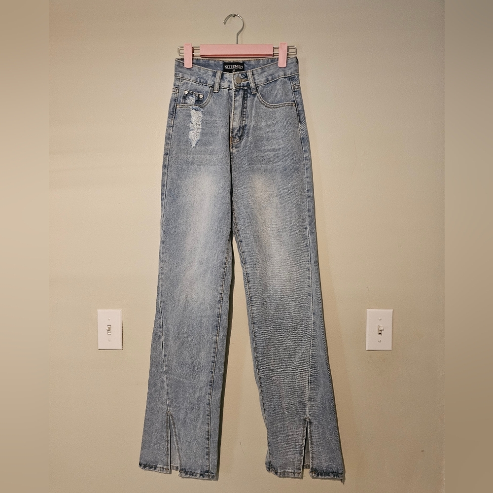 Kittenish Hise Rise Wide Leg Split Hem Retro Denim Jeans Jessie James De… - Picture 2 of 12